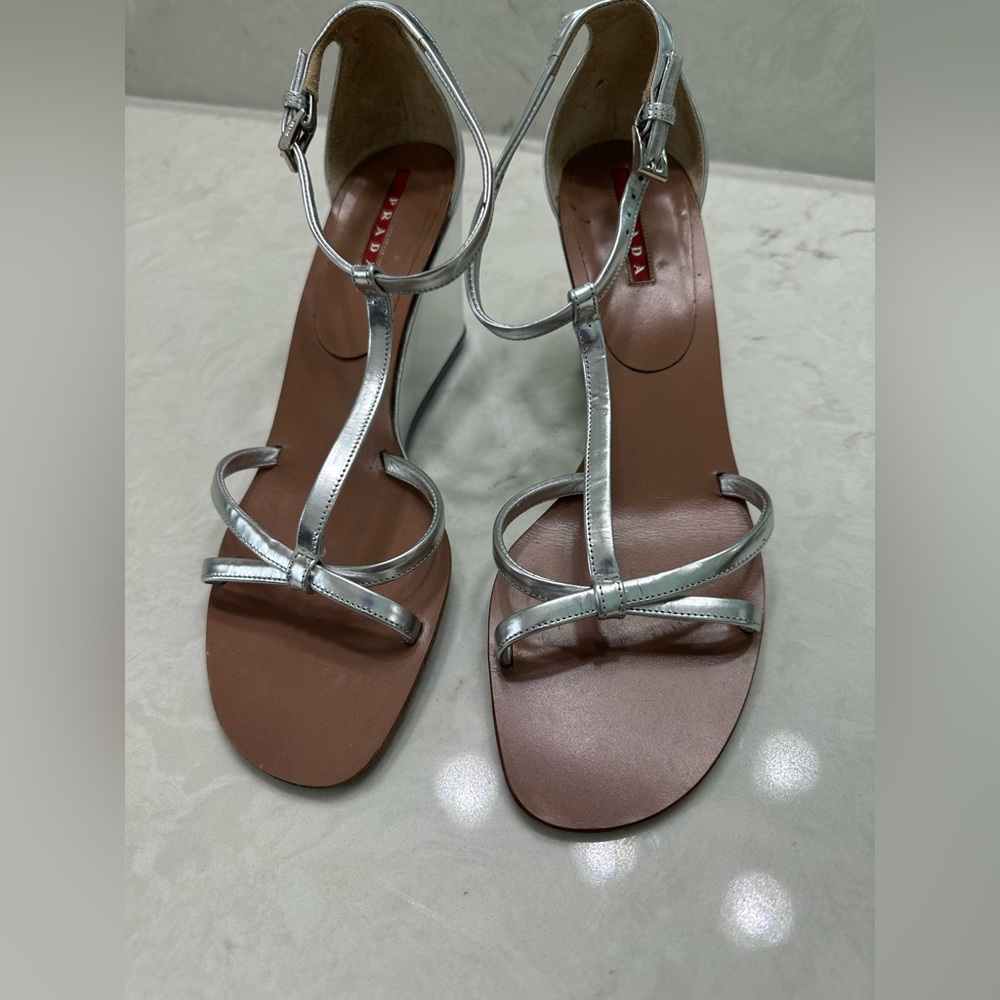 Elegant Silver Strappy Prada Sandals, Metallic Silver, 38.5